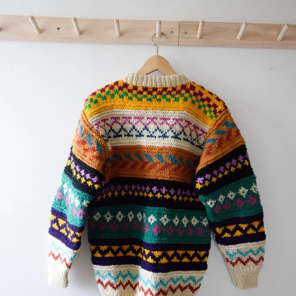 Hand Crafted Cream Multicolor Fair Isle Wool Cardigan - Picture 4 of 4